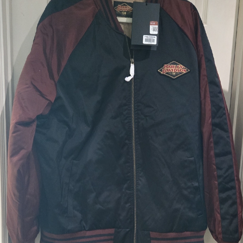 Harley-Davidson Men's Black and Burgundy Bomber Jacket
